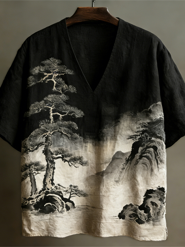 Japanese Ink Landscape Art Linen V-neck Shirt - Black