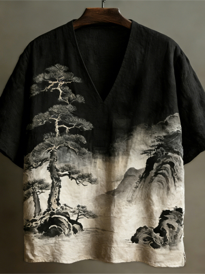 Japanese Ink Landscape Art Linen V-neck Shirt - Black
