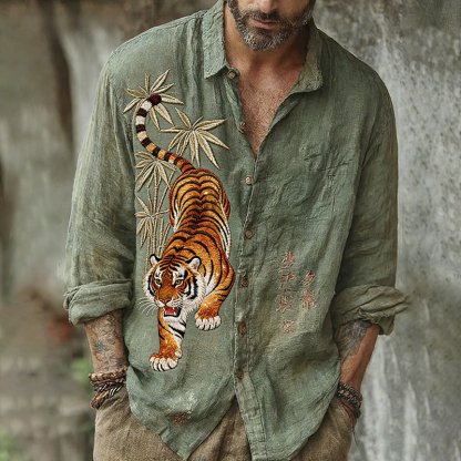 Men's Vintage Japanese Bamboo Tiger Art Print Long Sleeve Shirt - Green