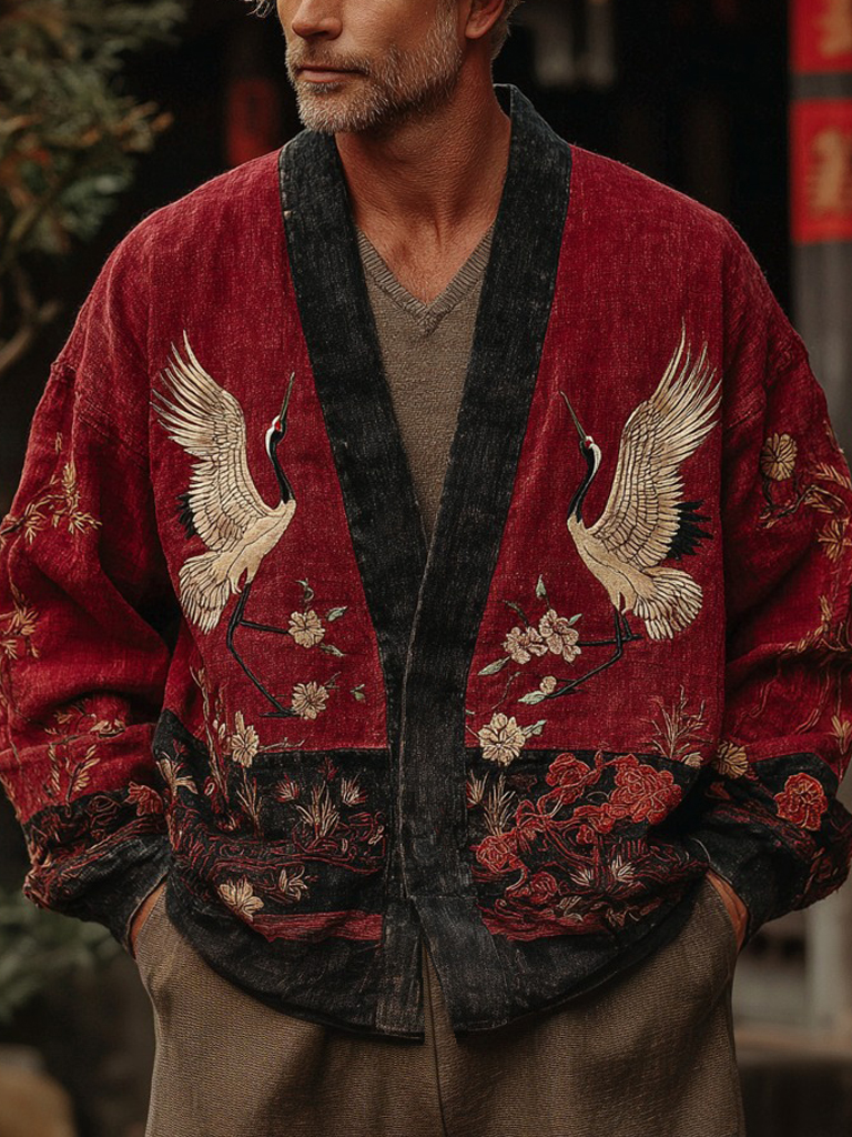 Japanese Cranes With Floral Art Linen Blend Kimono Cardigan - Red