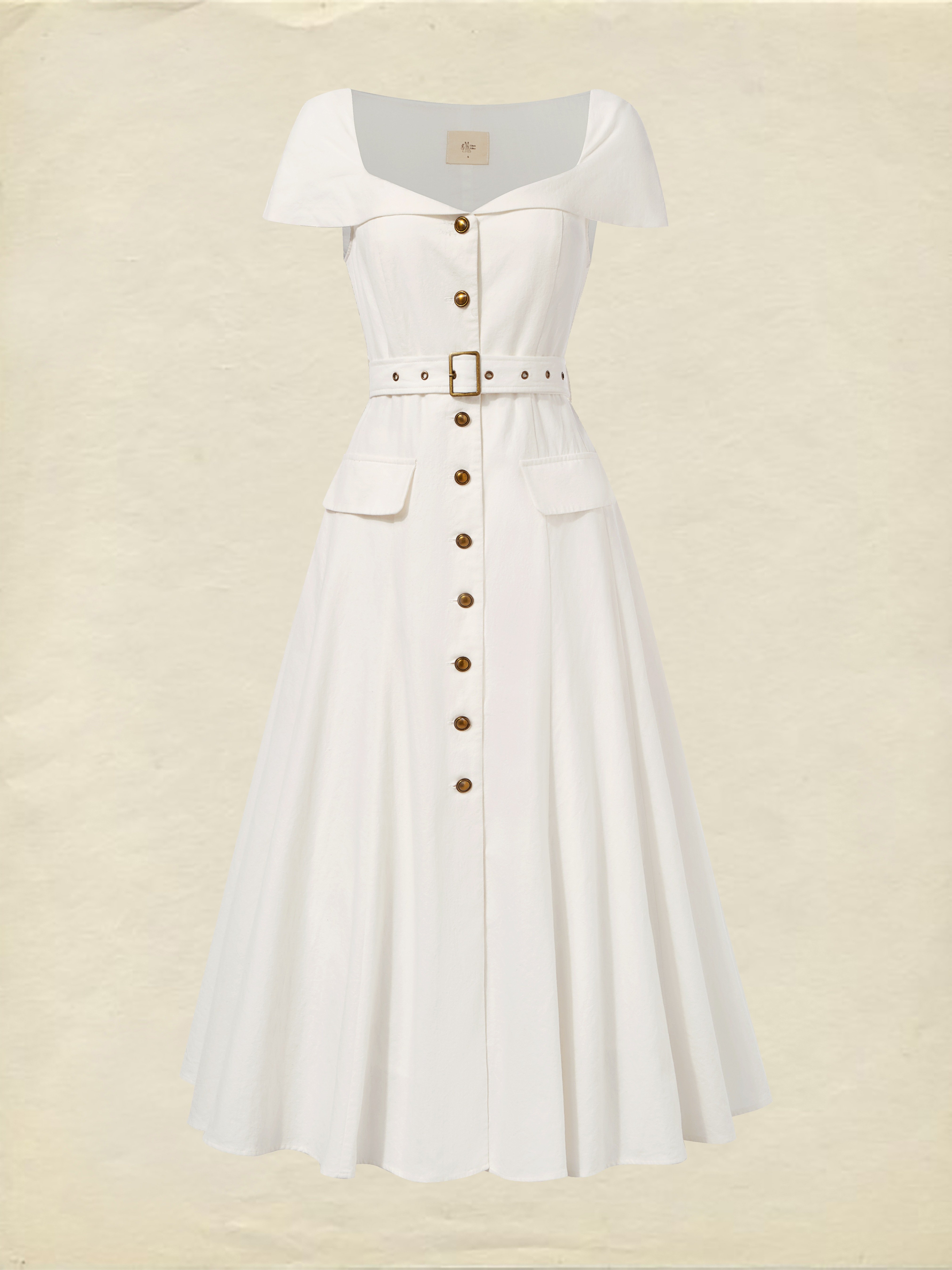 Midi Linen Dress, Short Sleeves, Shawl Collar, Plain, Button Design, French Vintage, White - White