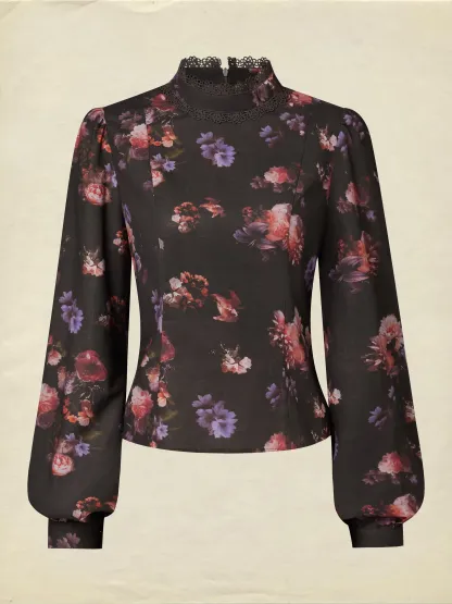 Cotton Blouse, Long Sleeves, Stand Collar, Floral, Lace, Vintage, Black - Black
