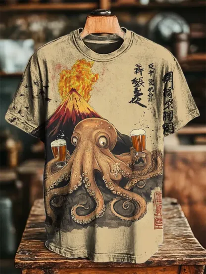 Men's Drunk Octopus Calligraphy Art Print Casual T-shirt - Khaki