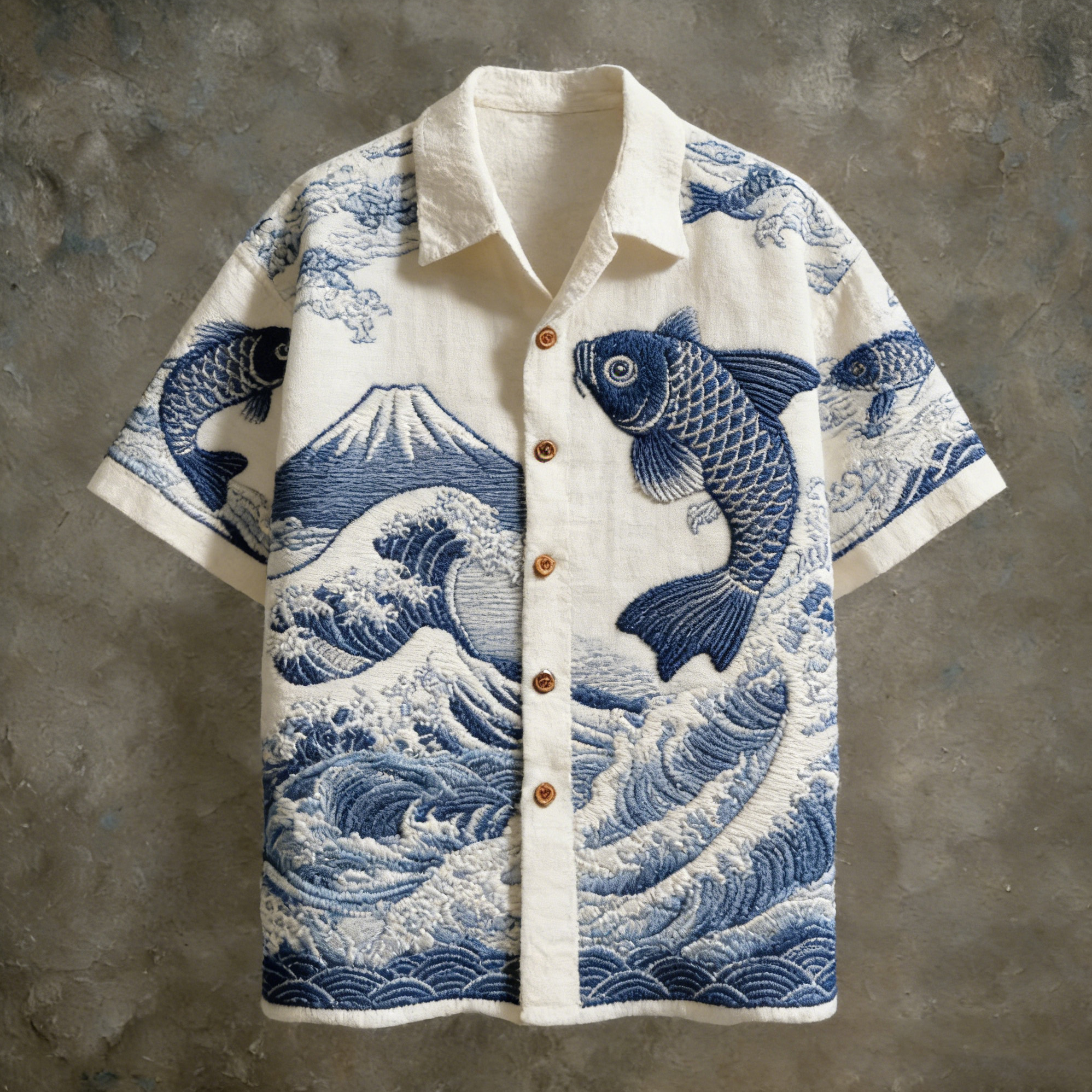 Men's Japanese Koi And Ocean Pattern Linen Short-sleeve Shirt - Blue white