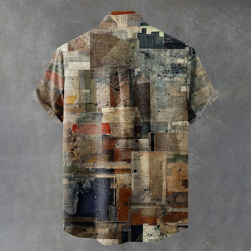 Men's Retro Distressed Texture Art Print Cotton And Linen Shirt - Multicolor