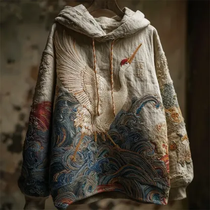 Japanese Crane Art Men's Vintage Hoodie - Beige