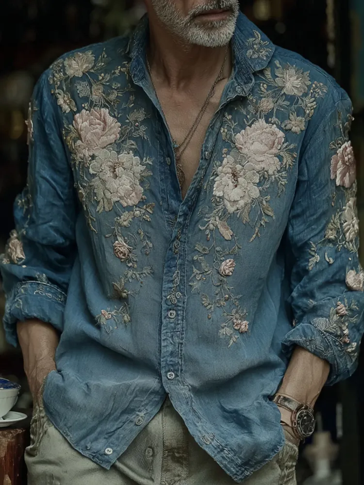 Men's Vintage Japanese Floral Art Casual Button Linen Shirt - Blue