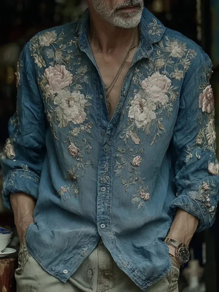 Men's Vintage Japanese Floral Art Casual Button Linen Shirt - Blue