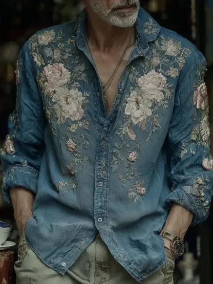 Men's Vintage Japanese Floral Art Casual Button Linen Shirt - Blue