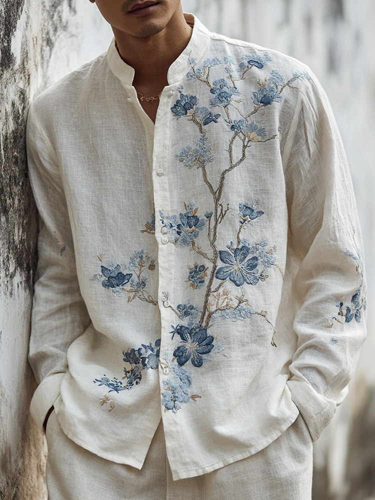 Men's Japanese-style Floral Art Casual Shirt - White