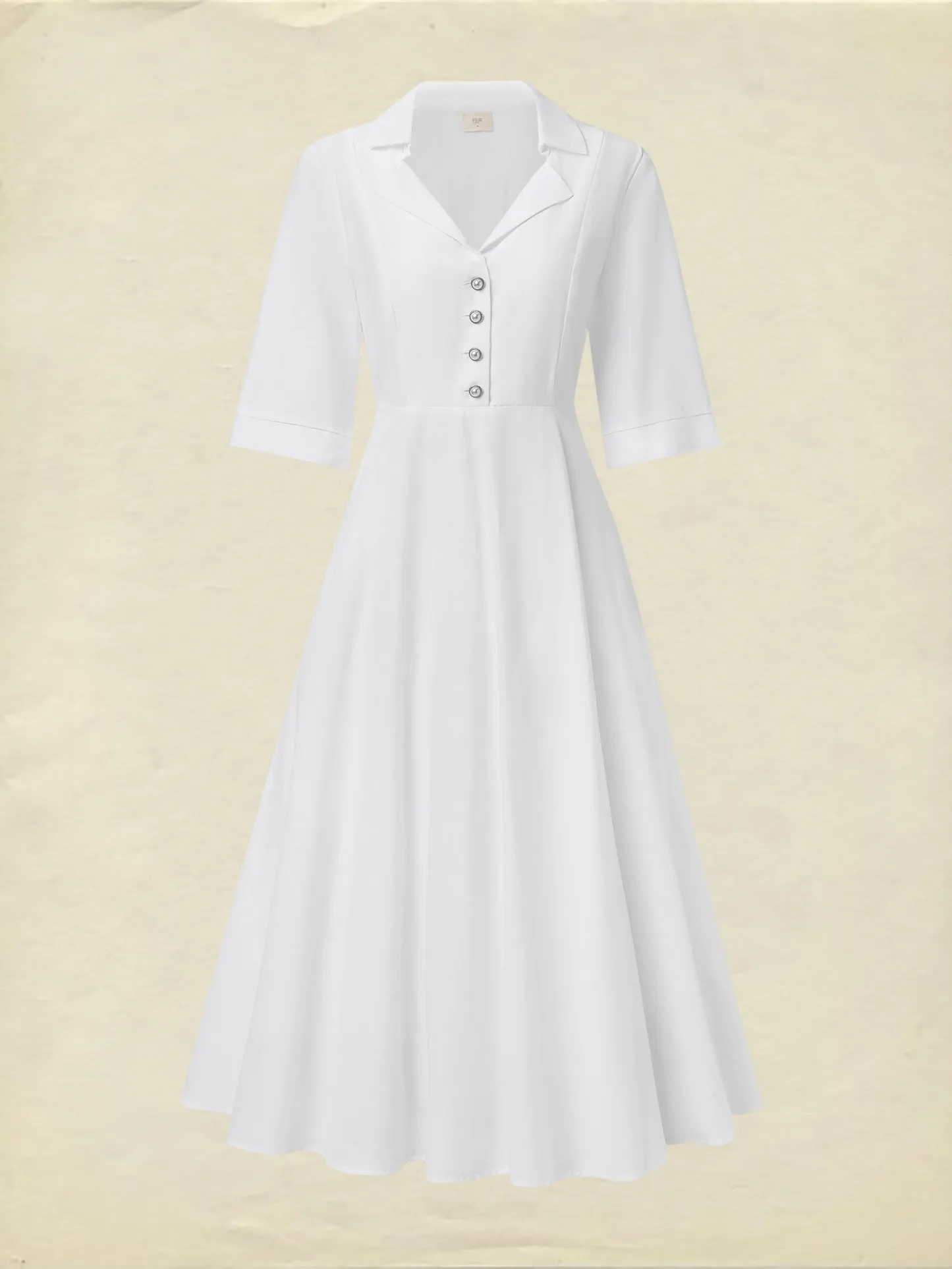 Linen Maxi Dress, Half Sleeve, Shawl Collar, Plain, Vintage, White - White