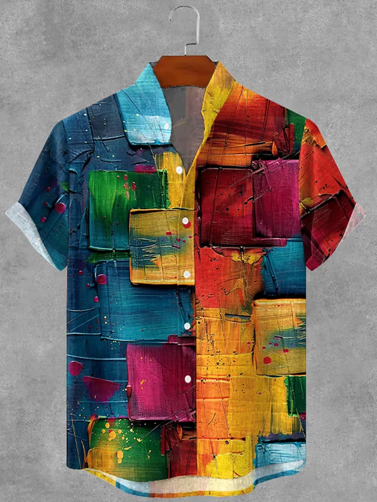 Men's Retro Colored Oil Painting Plaid Art Print Cotton And Linen Shirt - Multicolor