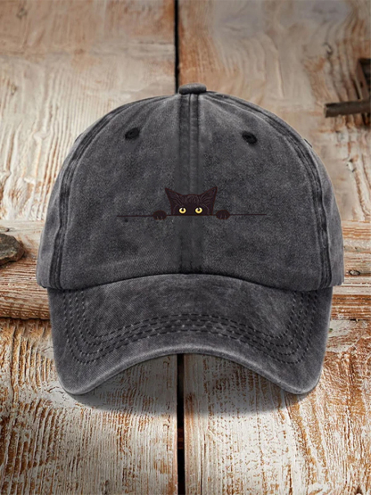Japanese Art Black Cat Print Washed Hat - Dark Grey