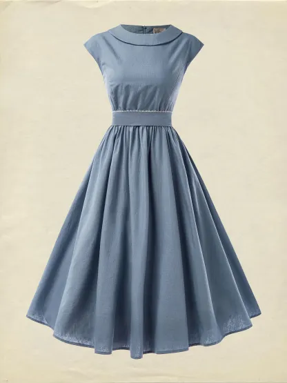 Linen Midi Dress, Sleeveless, Crew Neck, Plain, Vintage, Blue - Blue