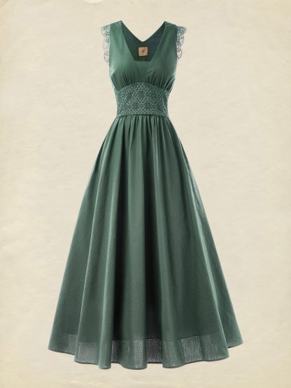 (SIZE:XS-XXL)Linen Maxi Dress, Sleeveless, V neck, Plain, Vintage, Cyan - Cyan