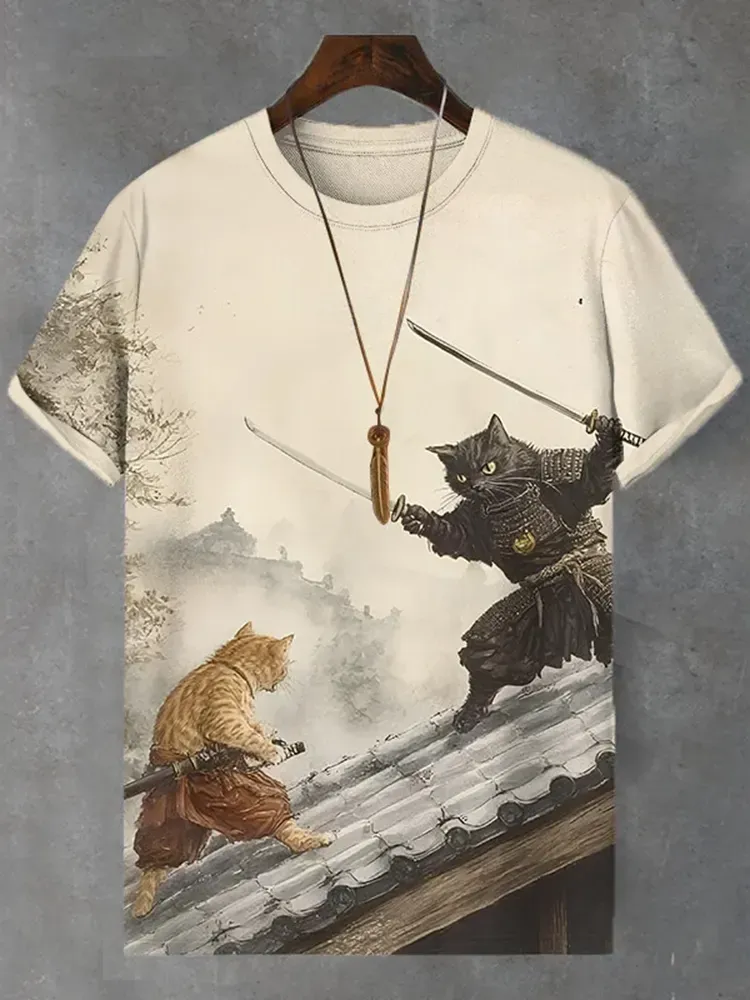 Men's Japanese Cat Swordsman Duel Art Print Comfortable T-shirt - Beige