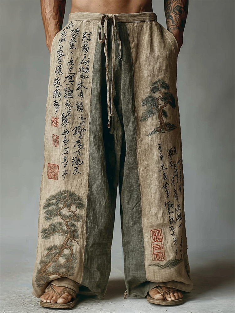 Men's Japanese Pine Trees Calligraphy Contrast Linen Pants - Beige