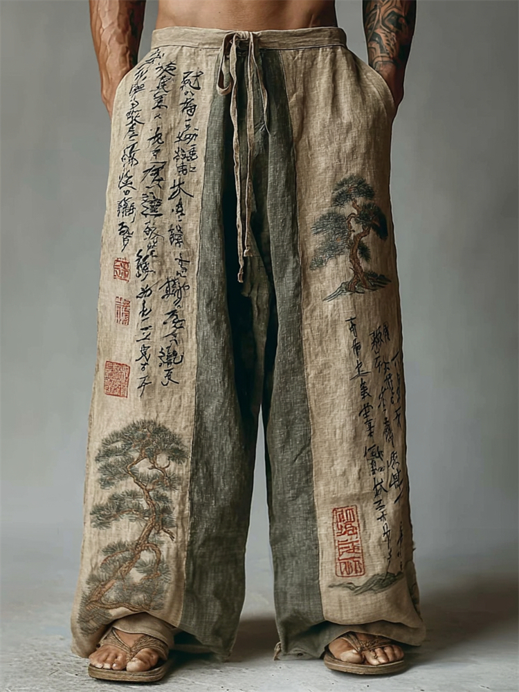 Men's Japanese Pine Trees Calligraphy Contrast Linen Pants - Beige