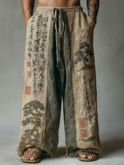 Men's Japanese Pine Trees Calligraphy Contrast Linen Pants - Beige