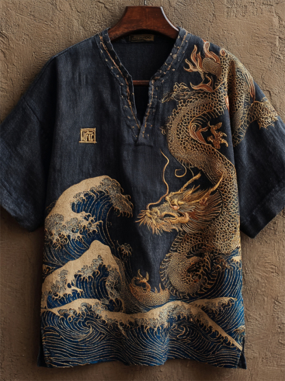 Japanese Flying Dragon Sea Waves Embroidered Linen Shirt - Black