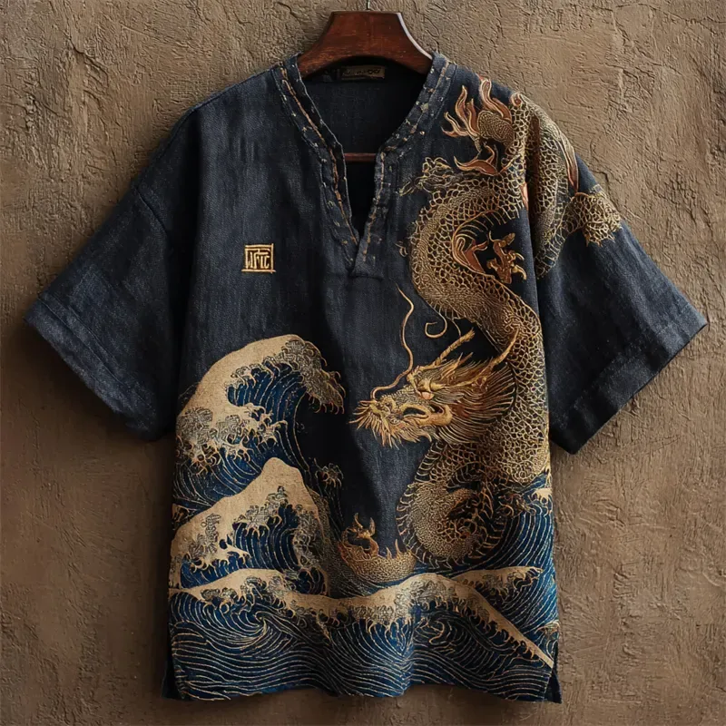 Japanese Flying Dragon Sea Waves Embroidered Linen Shirt - Black
