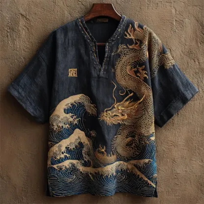 Japanese Flying Dragon Sea Waves Embroidered Linen Shirt - Black