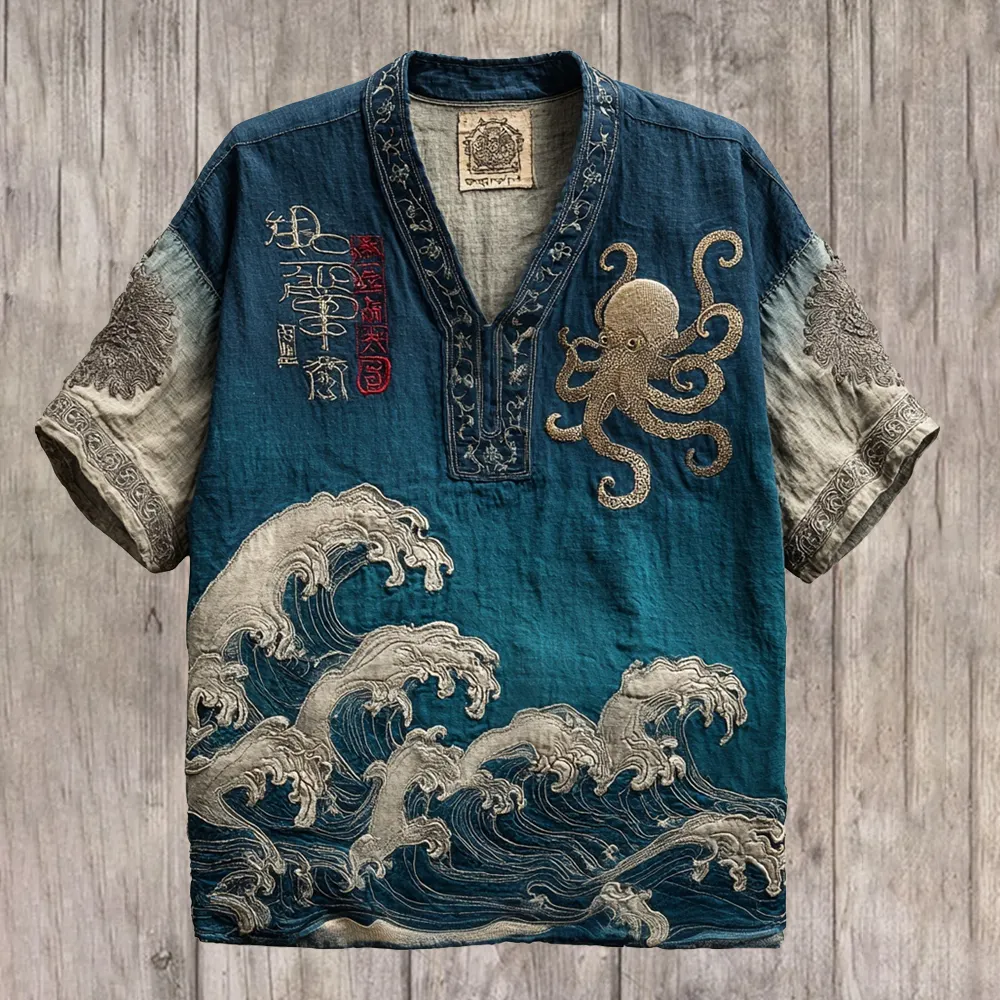 Japanese Wave & Octopus Art Men's Linen V-neck Shirt - Blue
