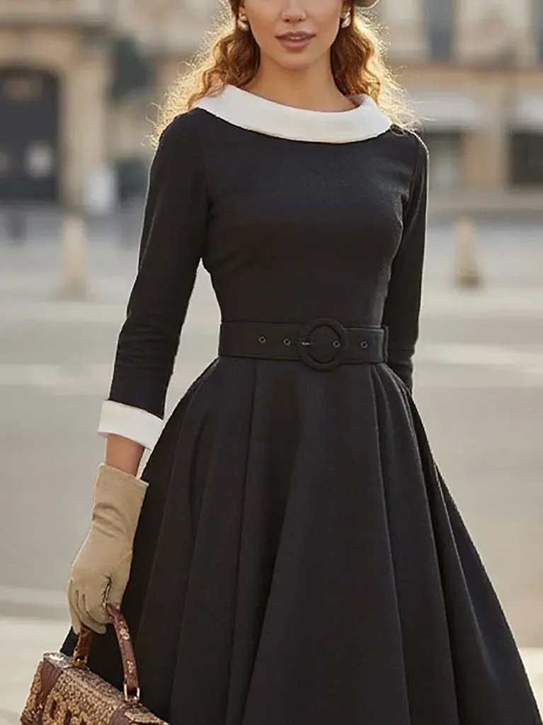 Midi Cotton Dress, Half Sleeve, Round Neck, Plain, Belt Design, Vintage, Black - Black