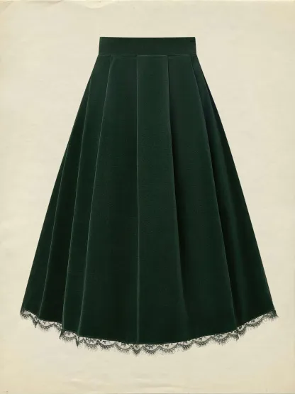 Midi Cotton Skirt (Shirt and Vest Not Included), Plain, Pocket Design, Vintage, Green - Green
