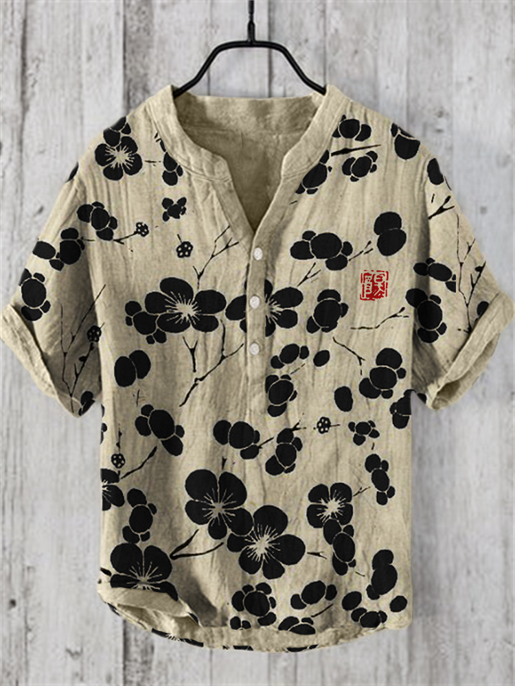 Cherry Blossom Japanese Lino Art Linen Blend Shirt - Red