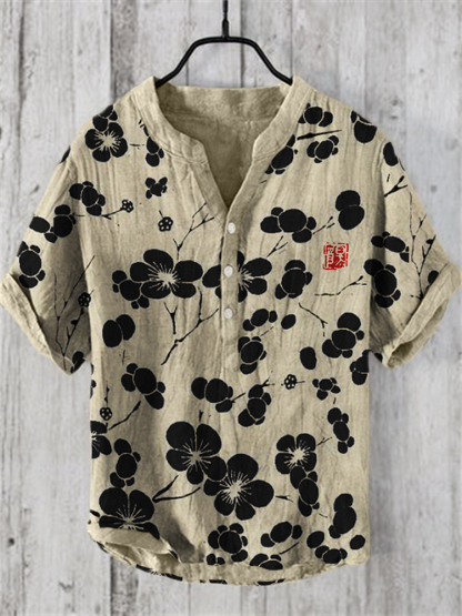 Cherry Blossom Japanese Lino Art Linen Blend Shirt - Red