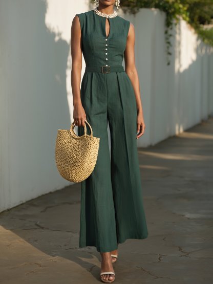Linen Jumpsuit , Sleeveless, V Neck, Plain, Button Design, Vintage, Green - Green