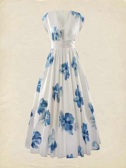 (SIZE:XS-XXL)Linen Maxi Dress, Sleeveless, V neck, Floral, Vintage, White - White