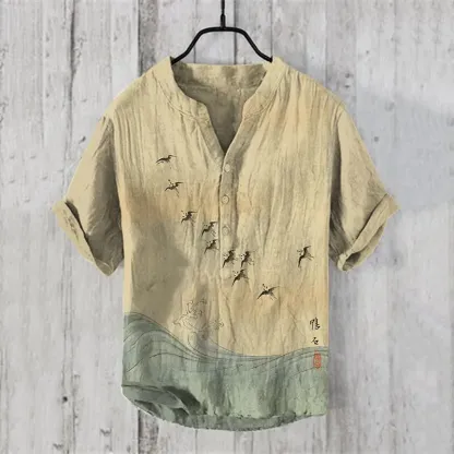 Men'sVintage Japanese Birds Waves Art Prints Linen Blend Shirt - Beige