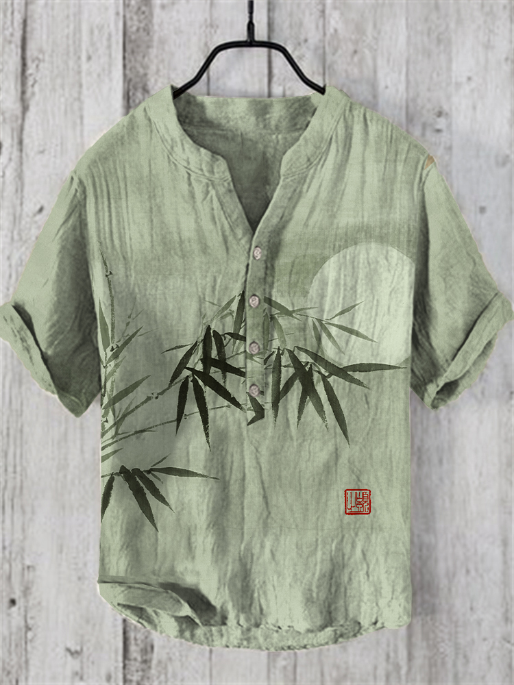 Bamboo & Moon Japanese Art Linen Blend Shirt - Blue