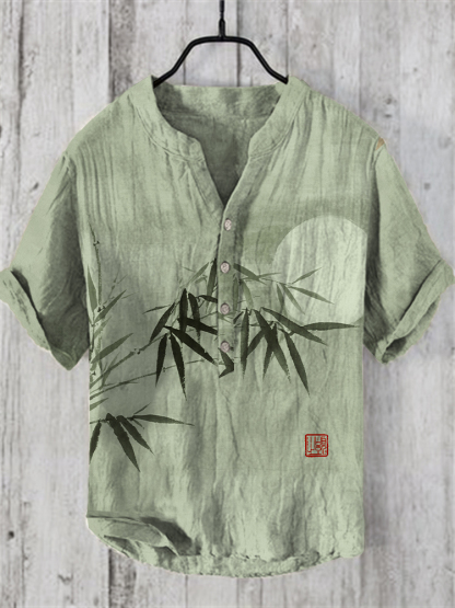Bamboo & Moon Japanese Art Linen Blend Shirt - Blue