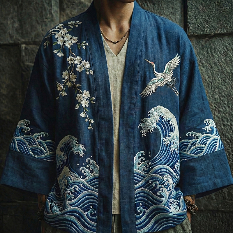 Japanese Cranes And Ocean Waves Art Linen Kimono Cardigan - Blue