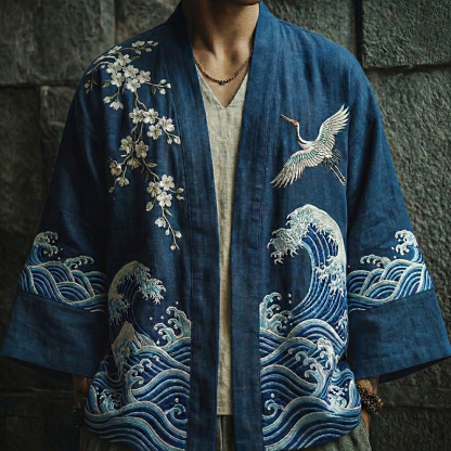 Japanese Cranes And Ocean Waves Art Linen Kimono Cardigan - Blue