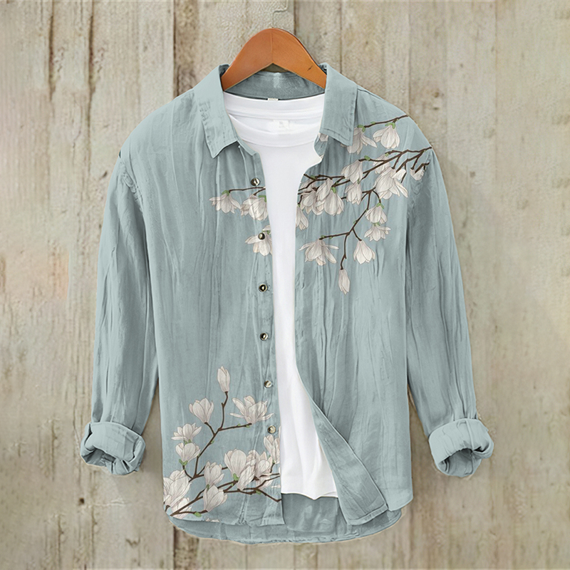 Men's Vintage Japanese Art Floral Casual Linen Blend Shirt - Blue