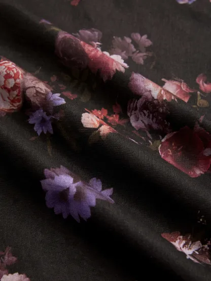 Maxi Cotton Skirt, Floral, Belt Design, Vintage, Black - Black