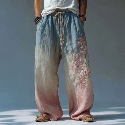 Men's Vintage Japanese Cherry Blossom Gradient Linen Pants - Blue pink