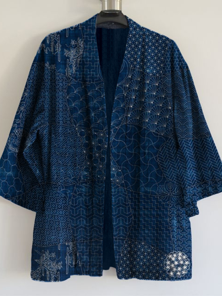 Japanese Traditional Sashiko Art Linen Blend Kimono Cardigan - Black