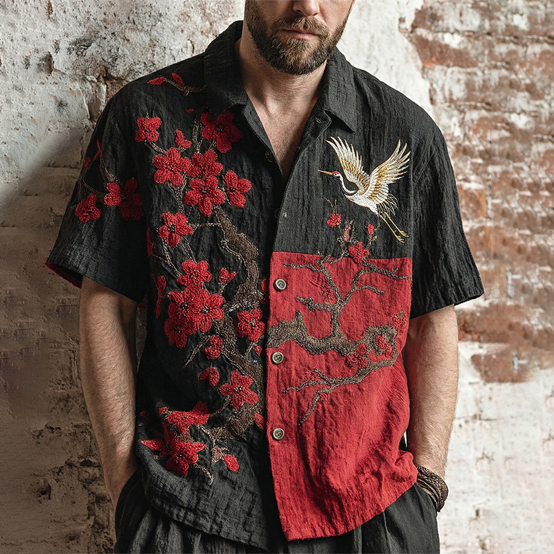Men's Japanese Cherry Blossom And Crane Pattern Short Sleeve Shirt - Black red