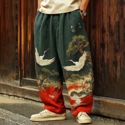 Men's Japanese Songhe Art Embroidery Art Linen Blended Casual Pants - Dark green
