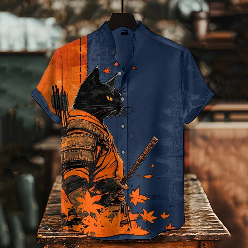 Men's Black Cat Warrior And Maple Leaf Temple Print Casual Shirt - Black