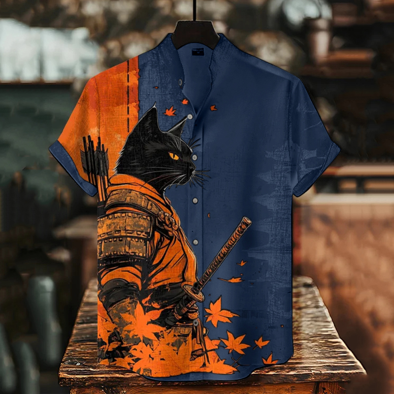 Men's Black Cat Warrior And Maple Leaf Temple Print Casual Shirt - Black