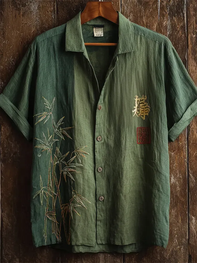 Japanese Bamboo Embroidered Colorblock Linen Shirt - Green