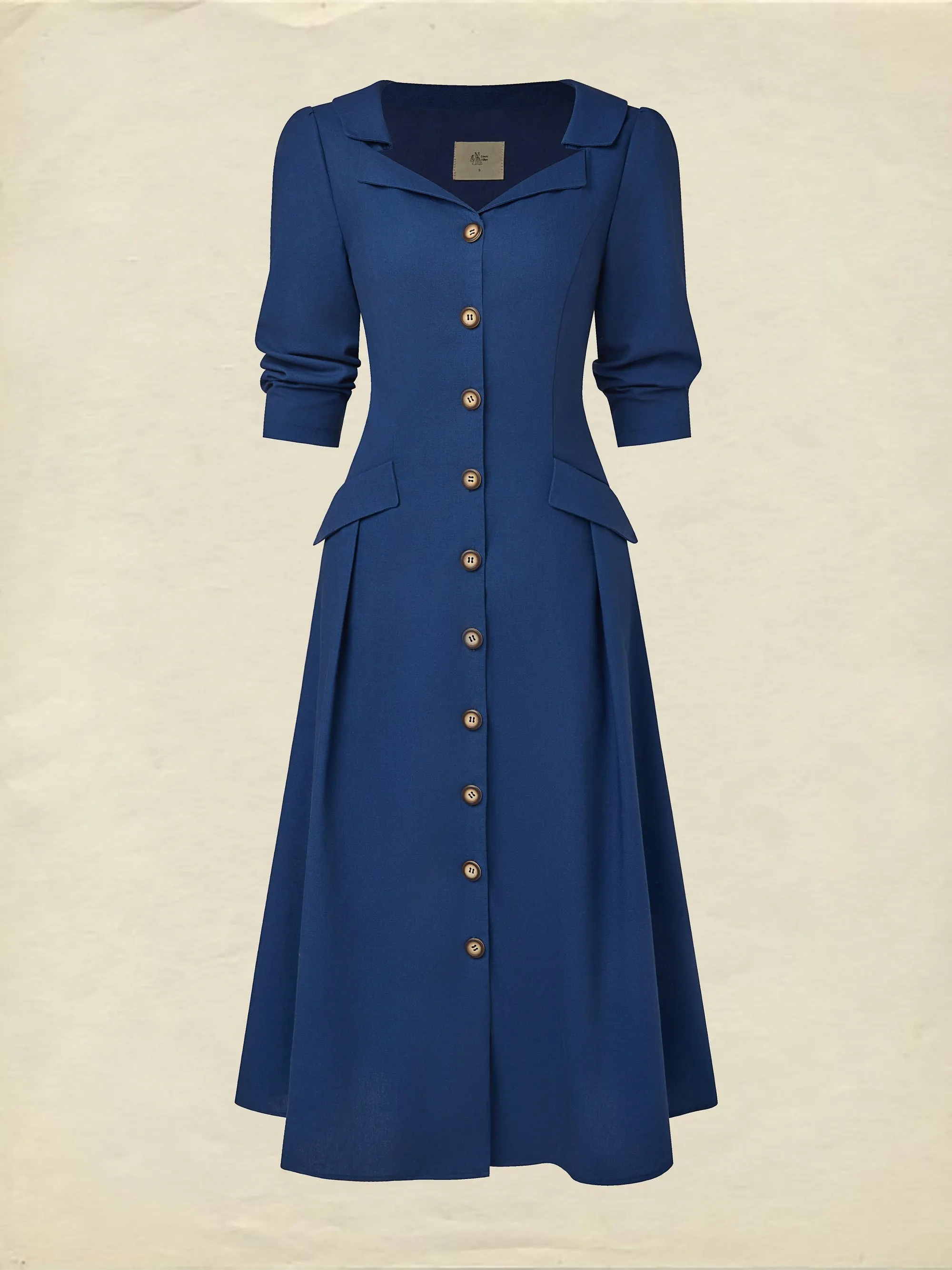 Midi Linen Dress, Half Sleeve, Shawl Collar, Plain, Button Design, Vintage, Dark Blue - Dark_blue