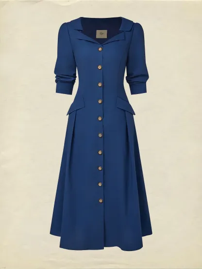 Midi Linen Dress, Half Sleeve, Shawl Collar, Plain, Button Design, Vintage, Dark Blue - Dark_blue