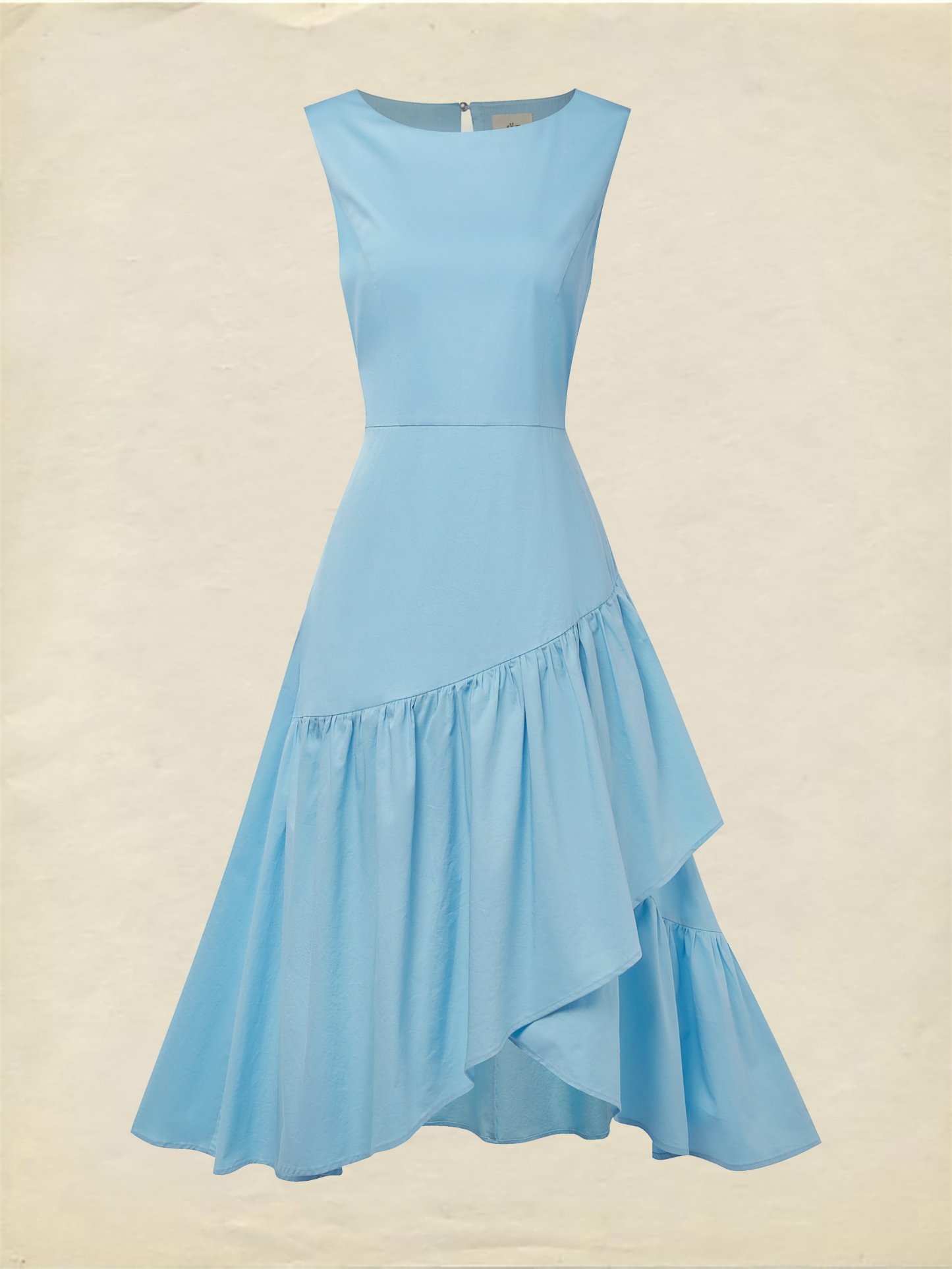 Maxi Cotton Dress , Sleeveless, Round Neck, Plain, Ruffles, French Vintage, Blue - Blue